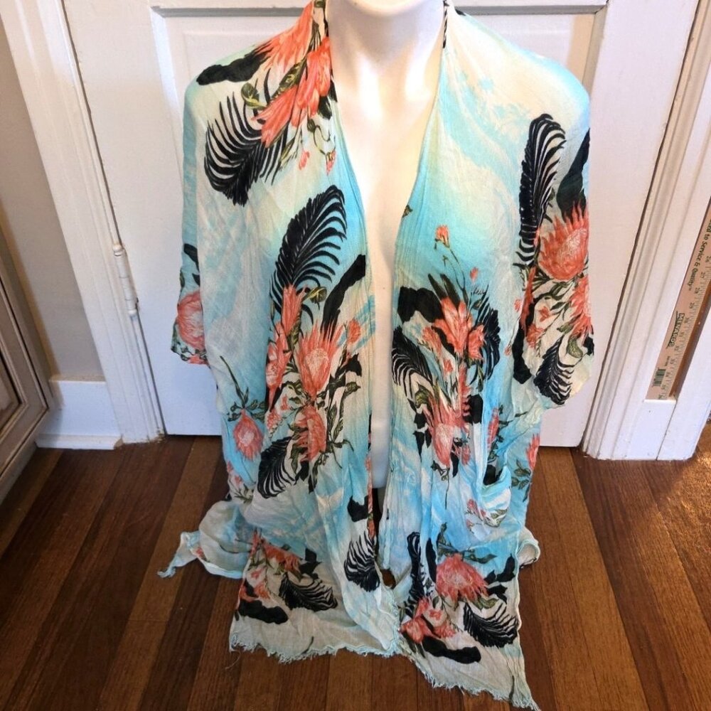 American Eagle Kimono Wrap Cover Up One Size Tropical Floral Fringe Lightweight